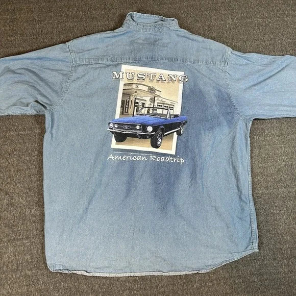 Mustang Shirt Adult 2XL Blue Denim Joe Blow Classic Car Ford Long Sleeve Shacket - Picture 8 of 10